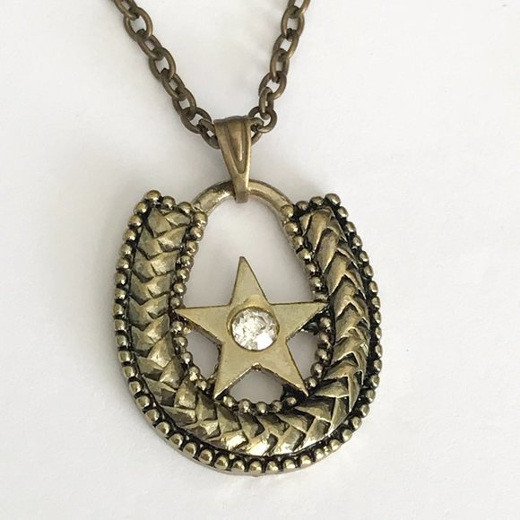 Horseshoe Necklace Crystal Gold Brass Plated 24" Country Western Cowgirl Luck - Picture 5 of 9